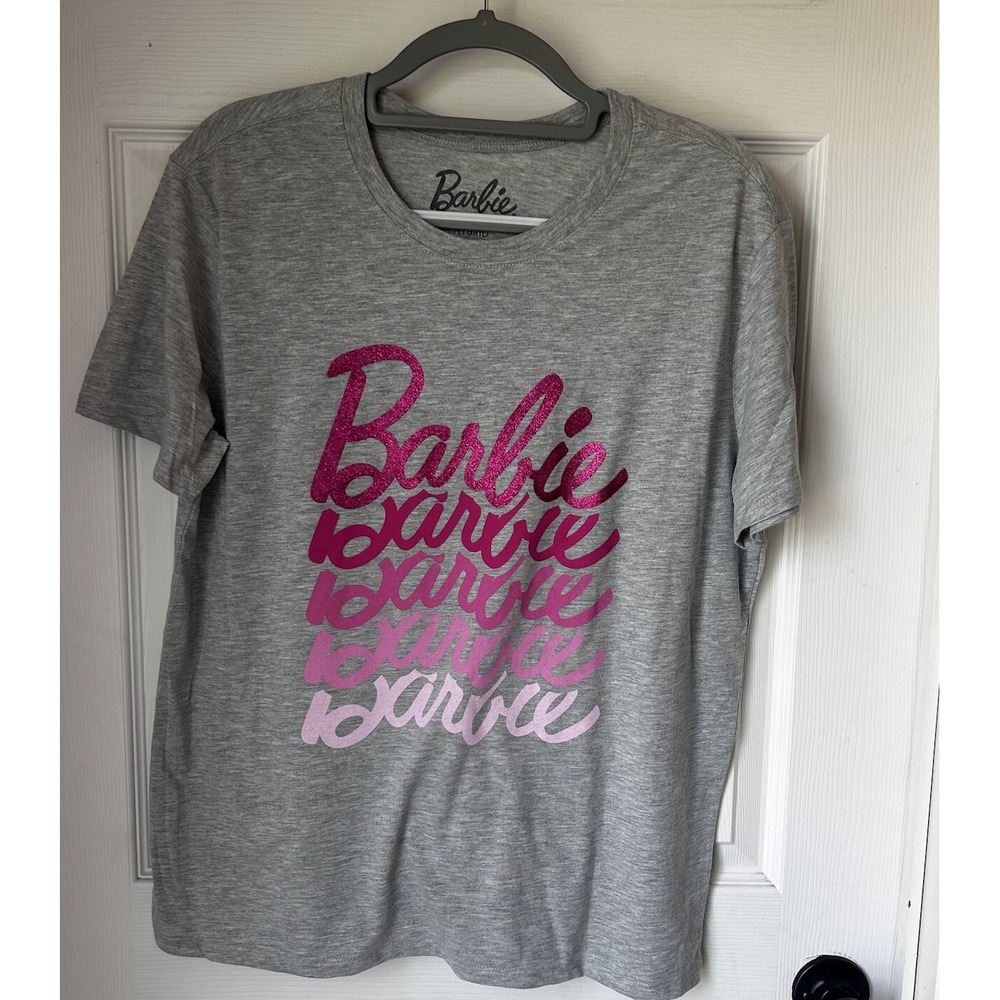 Barbie Ladies T-shirt Gray W/ Shades of Pink & Glitter Sz Medium Adult NWOT BxK